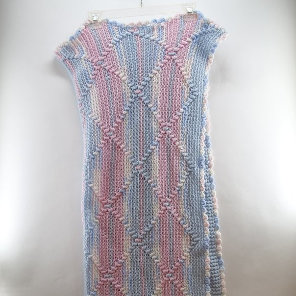 Vintage Baby Blanket Crochet Handmade Pastel Pink White Blue well-made 28x90‎ - Picture 1 of 4